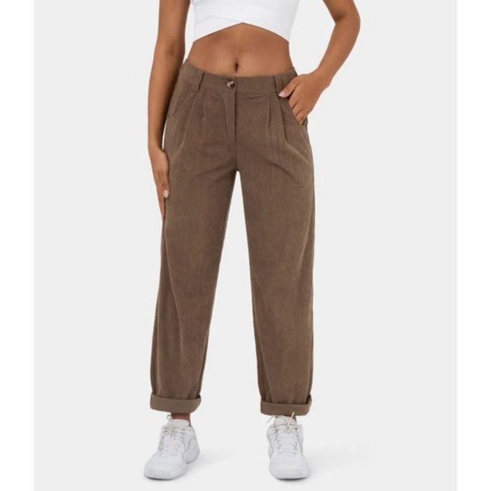 Halara AuraCord Cloud Brown Corduroy Pleated High Waisted Wide Leg Pants XL Reg